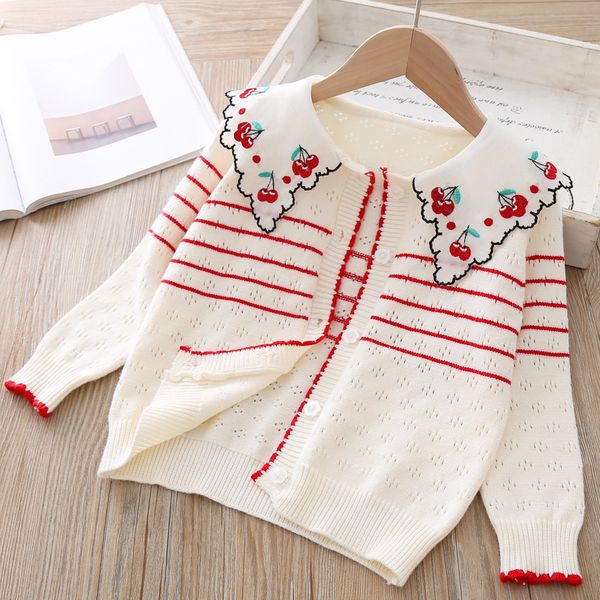 

корейская версия детской одежды для девочек новой сладко вишневых вышивки полосатого кардигана трикотажного кардигана детского свитер осень, Blue