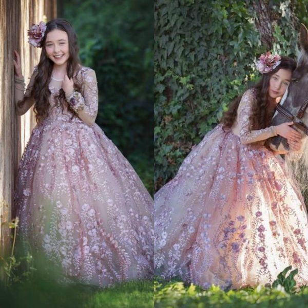 Abiti da ragazza a fiori a maniche lunghe principessa con appliques in pizzo collo gioiello tulle gonfio primo vestito di comunione ragazze abiti da concorso