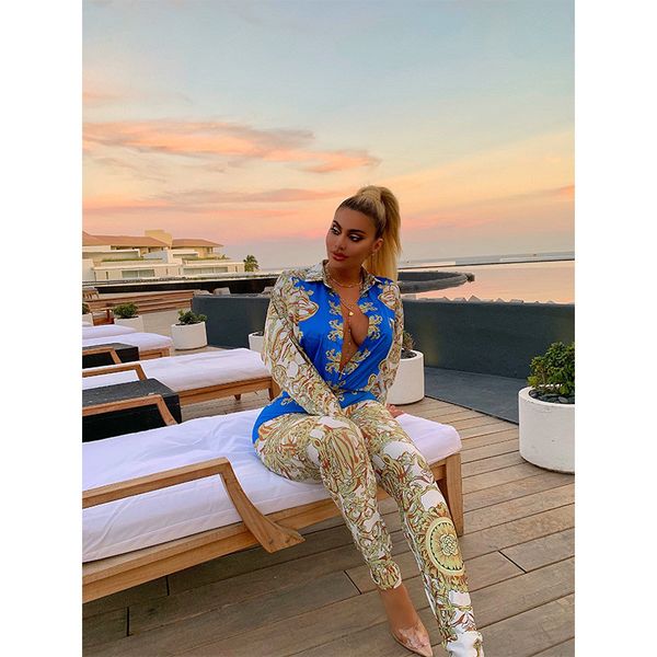 

new autumn womens panelled 2pcs pants fashion digital printed slim sets female casual designer jumpsuits, White