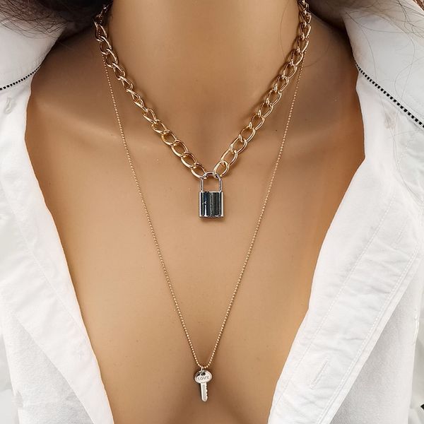 

double multi layer lover lock key brand new gold padlock pendant necklace for women chain necklace friendship jewelry, Silver