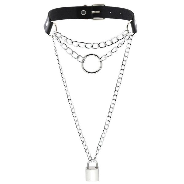 

new style gothic lock chain necklace multilayer punk choker collar goth pendant necklace women men multicolor leather kawaii witch jewelry, Silver