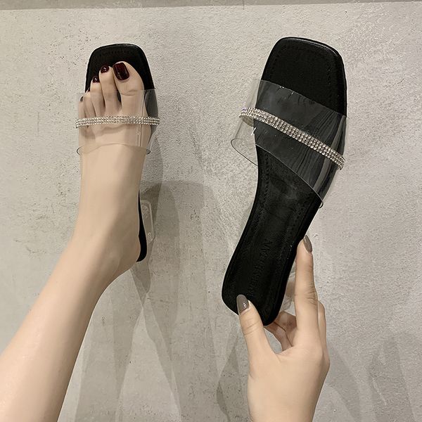 

shoes woman 2020 square toe transparent slippers slides slipers women med jelly flip flops heeled mules block, Black