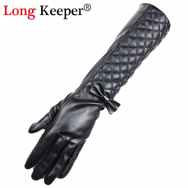 

luxury ladies leather gloves full finger bowknot gloves women opera long sleeves winter black glove 42cm length m202, Blue;gray