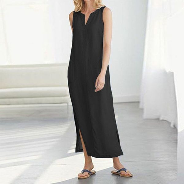 

summer dress women sleeveless v neck side split pocket cotton linen casual long maxi dresses sundress design vestidos s-xxl, Black;gray