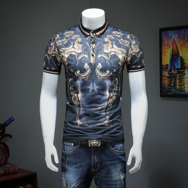 

2019 spring and summer tide brand printed polo shirt men's lapel short-sleeved t-shirt youth casual flower society polo shirt, White;black