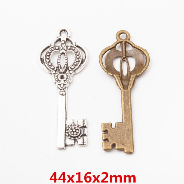 

50pcs 44*16mm vintage silver decorative key charms antique bronze metal alloy key pendants for bracelet earring diy jewelry, Bronze;silver