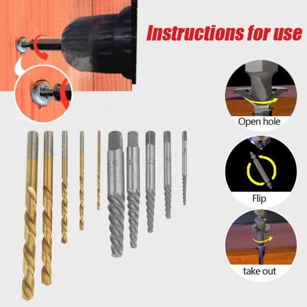 

10pcs damaged screw extractor drill bits guide set broken speed out easy out bolt stud stripped screw remover hand tool