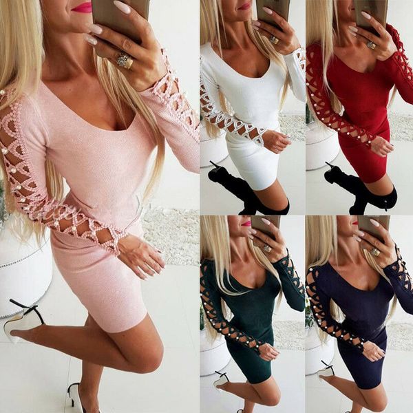 

women spring long sleeve v-neck slim hollow out bodycon dresses ladies autumn stretch solid mini dress, Black;gray
