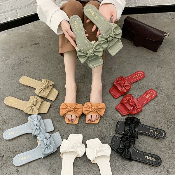 

slippers women summer butterfly-knot flat shoes female square toe rivet slides pantofle soft 2020 beach fabric pu rubber basic, Black