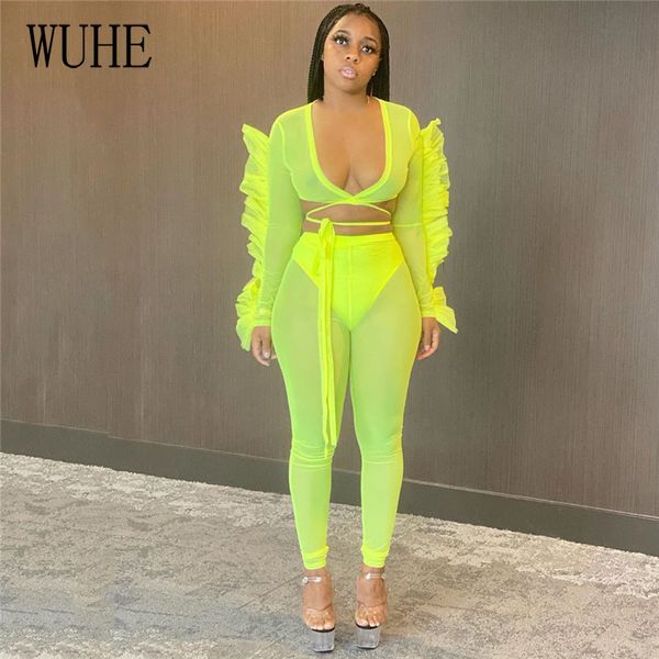 

wuhe sheer mesh ruffle jumpsuit two pieces set women deep v neck long sleeve party romper see through night club overalls, Black;white