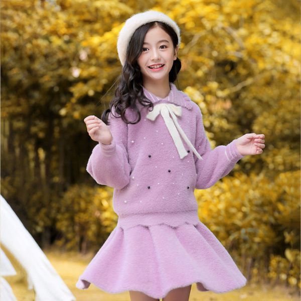 

new kids mink-like tee girl children's sweater knitted two-piece suit turn-down collar with bow girls clothes boutique outfits, White