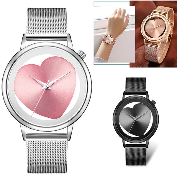 

transparent heart shape romantic design quartz leather women watch dress simple fashion wrist watch female mesh steel strap, Slivery;brown
