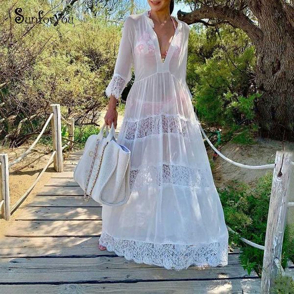 

chiffon lace patchwork long beach cover up transparent summer beach dress pareo robe de plage bikini cover up sarong