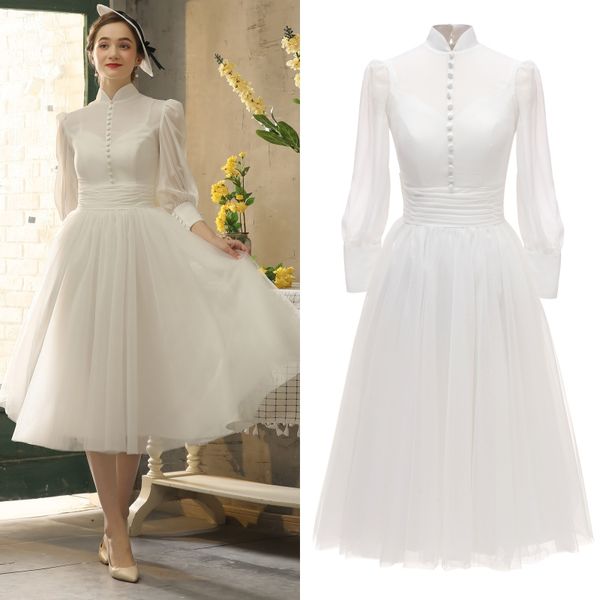 2020 elegante Audrey Hepburn alta Long Neck Sleeve Lady Chiffon vestido nupcial do vestido de casamento vestidos de noiva