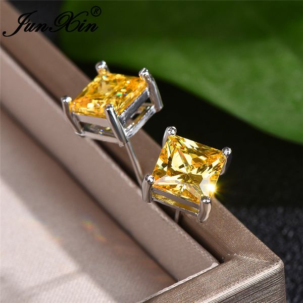 

vintage yellow crystal princess square stud earrings silver geometric zircon stone wedding earrings for women stacking ear studs, Golden;silver