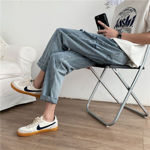 

men's jeans 2021 spring and summer youth hole loose large size solid color fashion casual wild straight pants s-3xl, Blue