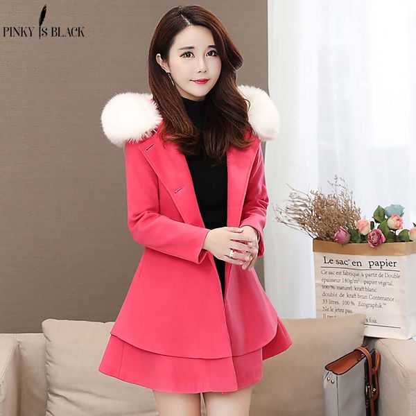 

pinkyisblack 2019 autumn winter women wool blend coat with fur collar ruffle thicken women coat and jacket trench mujer invierno, Black