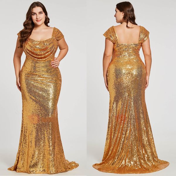 Sparkly Gold Sequined Plus Size Evening Prom Dress Square Neck 2019 Mermaid Zipper Back Floor Length Ruched New Pageant Dress Affordable Plus Size