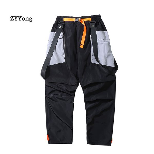 

black blue men's hip-hop track pants ankle length trousers with pocket jogging pants jumpsuits can be disassembled into shorts
