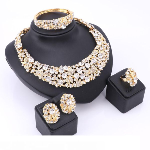 

trendy jewelry sets for women wedding bridal party imitated crystal gold plated pendant lady costume statement necklace earrings, Slivery;golden