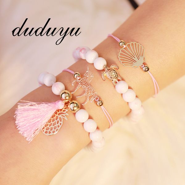

4pcs/set hollow unicorn pineapple bracelet for women bangle nature stone rope charms pink bracelets wedding jewelry gift, Golden;silver