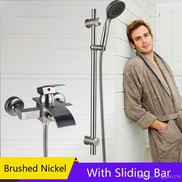 

wall mounted shower faucet brushed nickel slide bar bath shower mixer tap waterfall spout 3 function handshower head