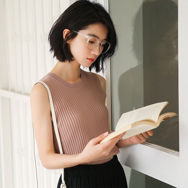 

2020 summer female knitting seeveless t-shirt solid color young girls' fashion tank casual cotton tees, White