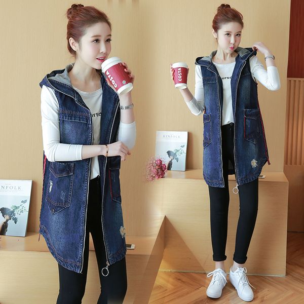 

spring and summer women cowboy vests coats fashion slim long sleeveless hooded coat jean jackets, Black;white