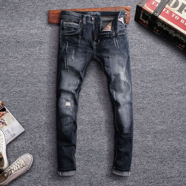 

italian style fashion men jeans retro black blue color slim fit ripped jeans men streetwear scratch vintage designer homme