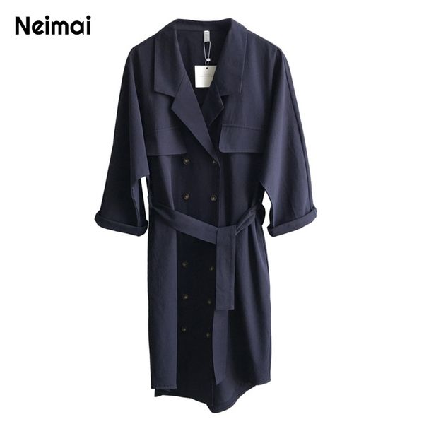 

autumn winter 2019 new casual england style trench coat turn down collar cotton korean full sleeve double breasted a line long, Tan;black