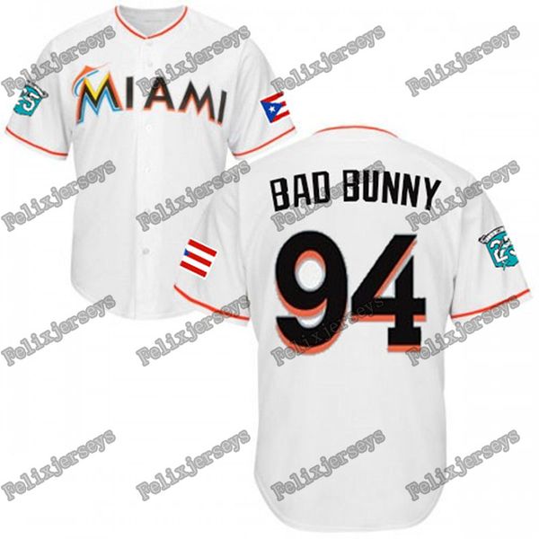 

#94 Bad Bunny Maimi Baseball Jerseys With Puerto Rican Flag and Marlins 25th Anniversary Patch Men Women Youth Baseball Jerseys