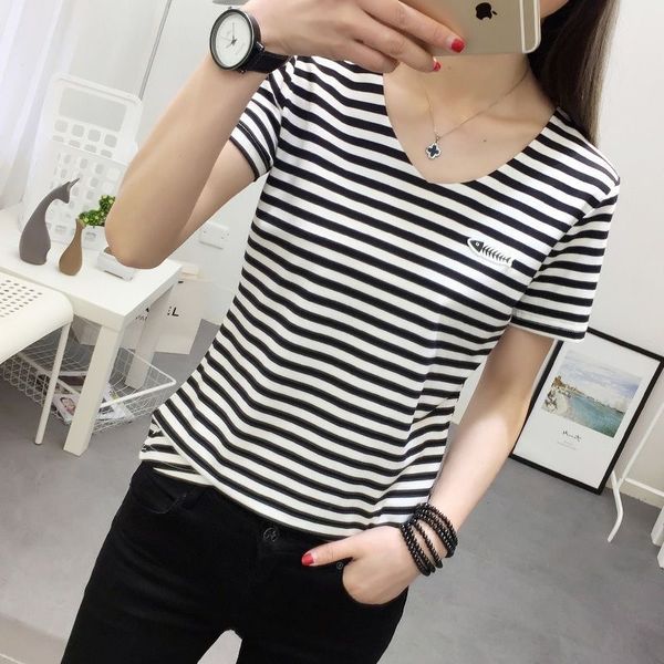 

rainbow striped t-shirt 2019 fashionable women's cotton short-sleeved t-shirt ins clothes women's summer, White