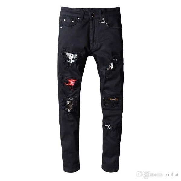 

mens ripped patches skinny black jeans designer distressed badge slim fit motorcycle biker hole beggar hip hop denim pants 5412, Blue