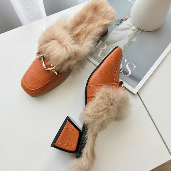 

metal chain flat mules mocassins shoes for women quality leather high heels fluffy slides plush winter fur slippers p446, Black