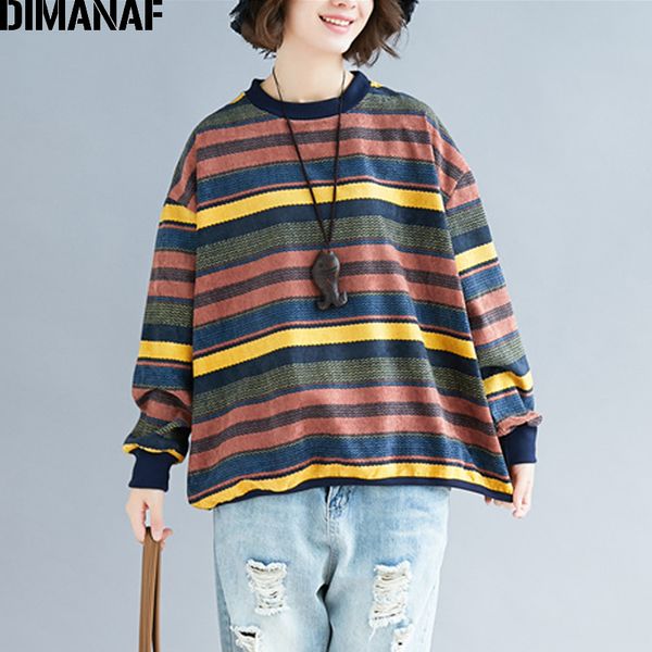 

dimanaf women hoodies sweatshirt plus size female pullover lady corduroy print striped loose casual 2019 spring clothes 5xl, Black