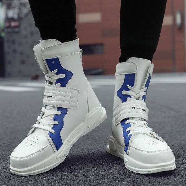 

hip hop men chunky sneakers high casual shoes hook loop lace up outdoor men dancing tenis walking shoes, Black