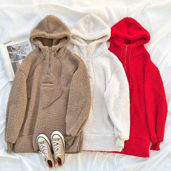 

side zipper imitation lamb hair hooded autumn and winter thickened pullover sweatshirt, Black
