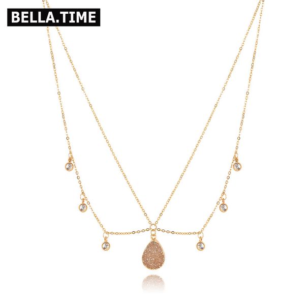 

boho 2 layers short gold color copper chain necklaces for women natural druzy stone cubic zirconia charms necklaces lady nks188, Silver