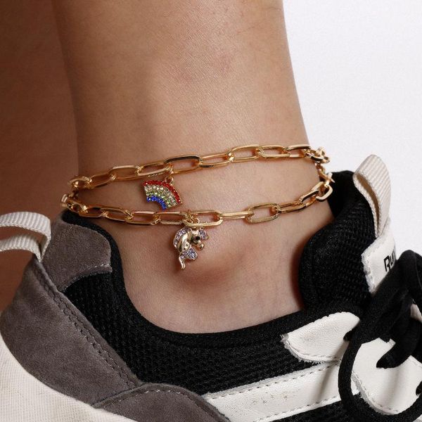 

geometric rainbow zircon unicorn pendant anklet for women 2020 gold color chain wild feet ankle bracelet fashion jewelry femme, Red;blue