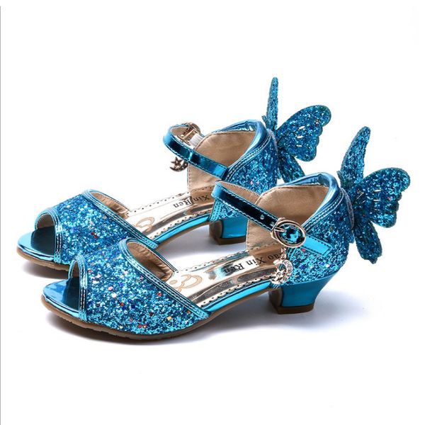 

girls sequins single shoes 2020 summer princess sandals kids wedding shoes high heels gold pink sliver butterfly dress, Black;red