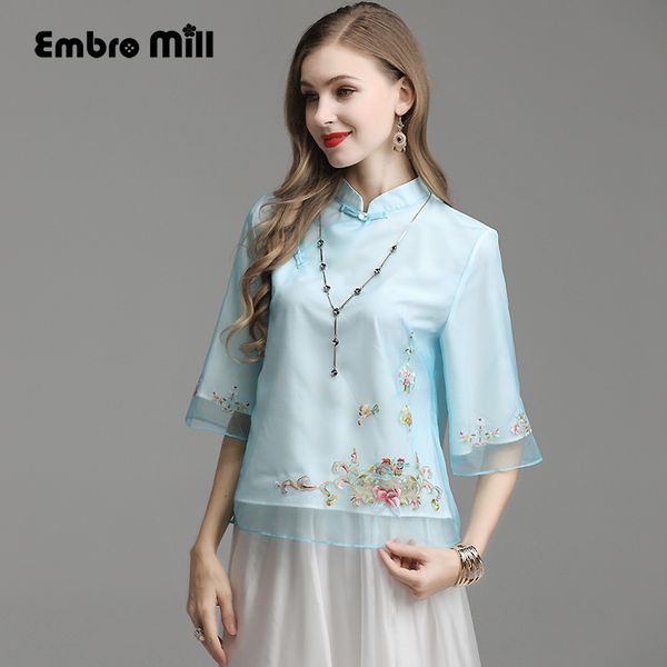 

embro mill women's blouse shirt spring and summer embroidery organza ladies chinese style cheongsam pink/blue shirt s-xxl, White