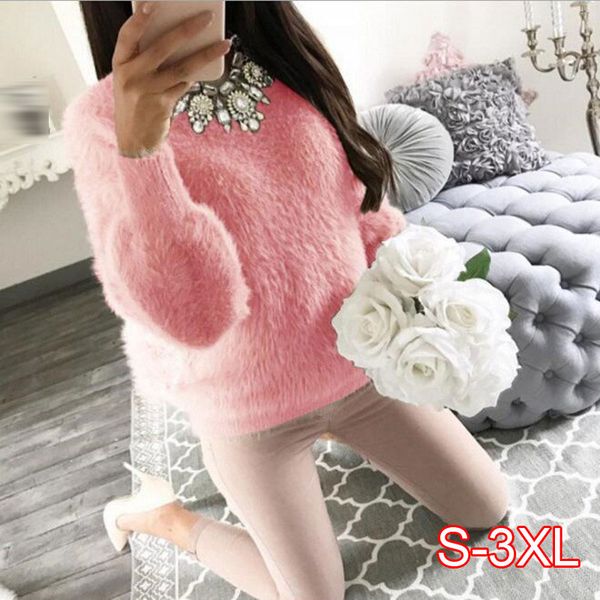 

2020 women plush sweaters and pullovers autumn winter long sleeve solid knit pullover female casual knitted sweater pull femme, White;black