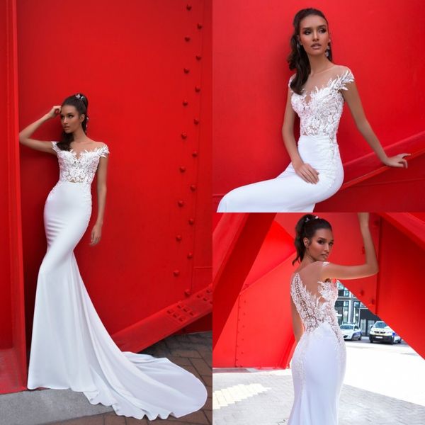 

2019 crystal design wedding dresses lace appliques satin bridal gowns sweep train beach mermaid wedding dress robe de mariÃ©e, White