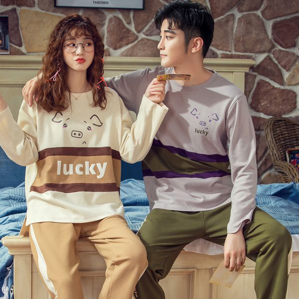 

fashion brand autumn knitted cotton women's pajama set couple cartoon nightwear suit pants men's pajama sets lovers sleepwear, Black;red