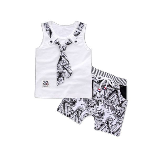 

fashion brand children boys girls 2pcs tie tshirt cotton vest cartoon short pant baby clothes 2019 new summer kids clothing sets, White