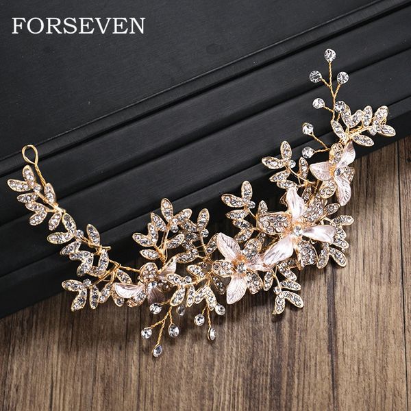 

flower leaf rhinestone crystal headband hair accessories golden bride headbands wedding hair ornaments women hairbands, Golden;white
