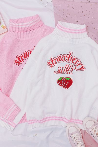 

winter cute women turtleneck sweater harajuku kawaii strawberry milk pink femme pull jumper high neck white knitted sweaters, White;black