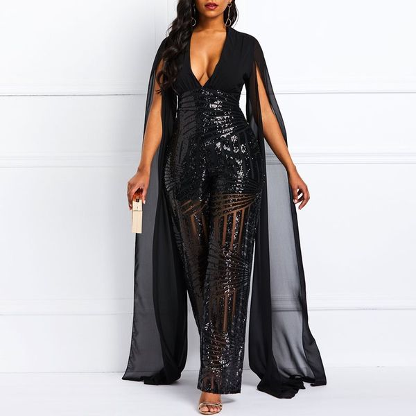

sequins jumpsuit women elegant deep v backless rompers evening spring fashion mesh sleeve design party wide leg jumpsuits, Black;white