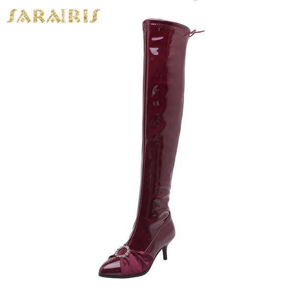 

sarairis new 34-48 over the knee boots ladies thigh high boots 2019 autumn winter patent pu high heels party shoes woman, Black