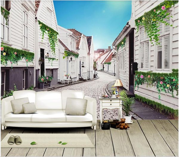 

3d wallpaper custom p mural european town flower street blue sky vine vintage street background wall home decor wall picture 3d stickers